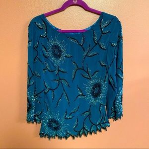 Teal beaded floral evening blouse size small